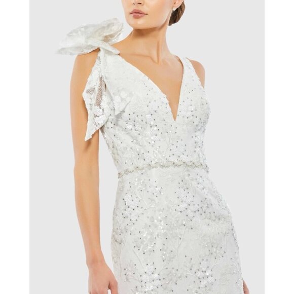 MAC DUGGAL Size 12 White Floral Embellished V-Neck Cocktail MIDI Dress Wedding - Picture 2 of 11